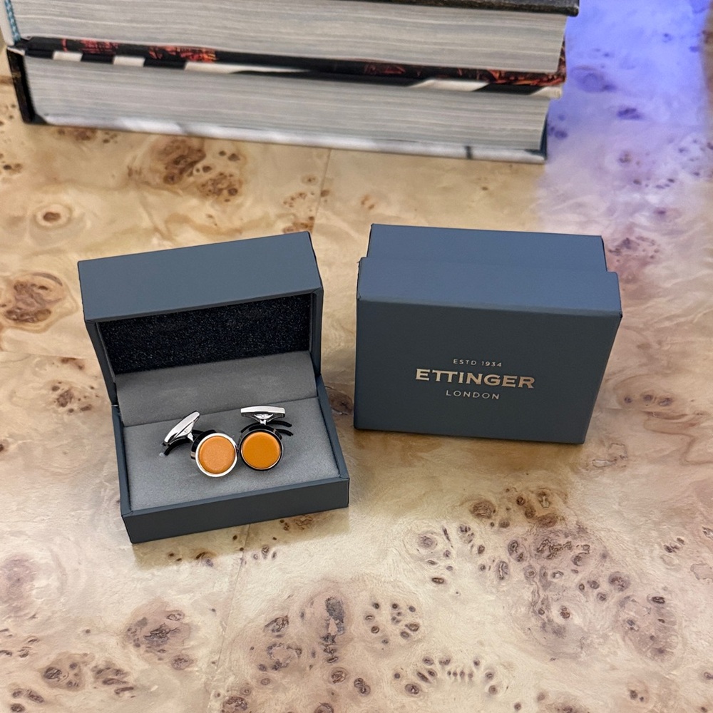Ettinger London Cufflinks Silver & Yellow Leather  Brand New Lifestyle Round
